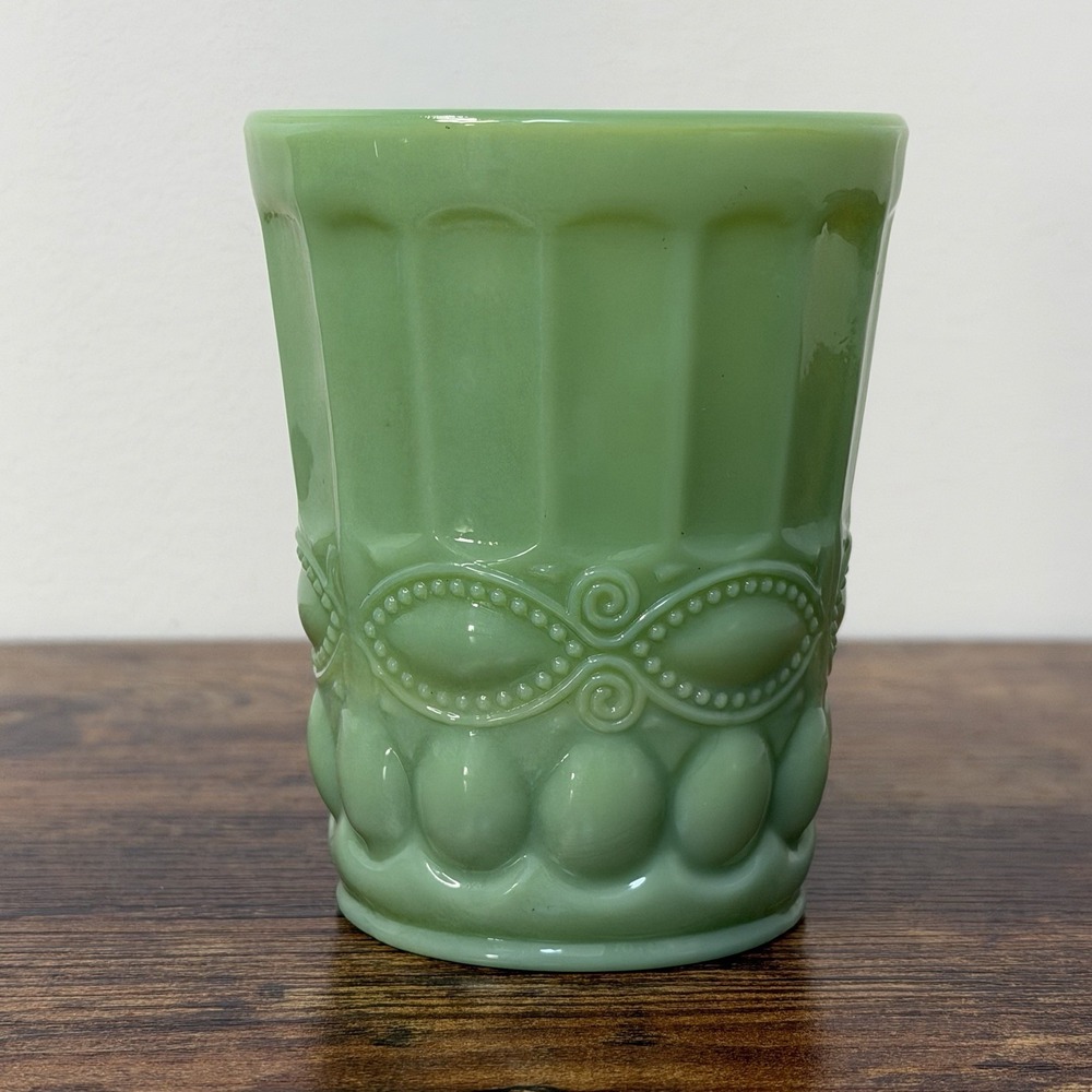 Mosser Green Jadite Tumbler Eye Winker Glass Cup 4" Vintage